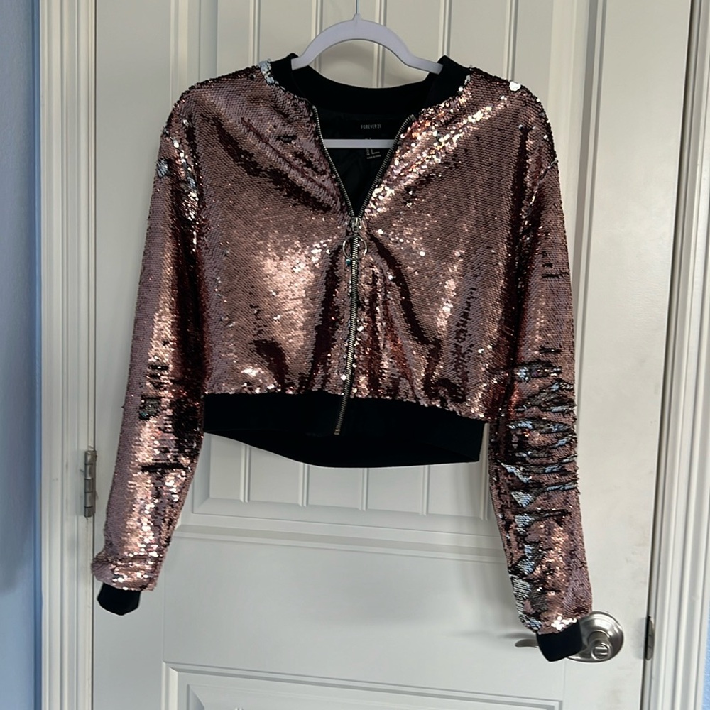 Womens Long Sleeve Front Zip  Sequin Bomber Jacket pink/peach color